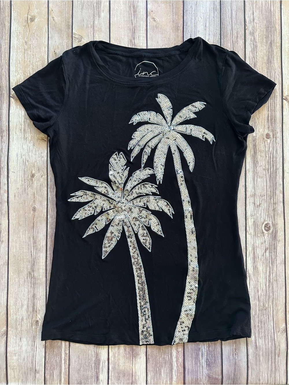 INC International Concepts Black Sequin Palm Tree Top